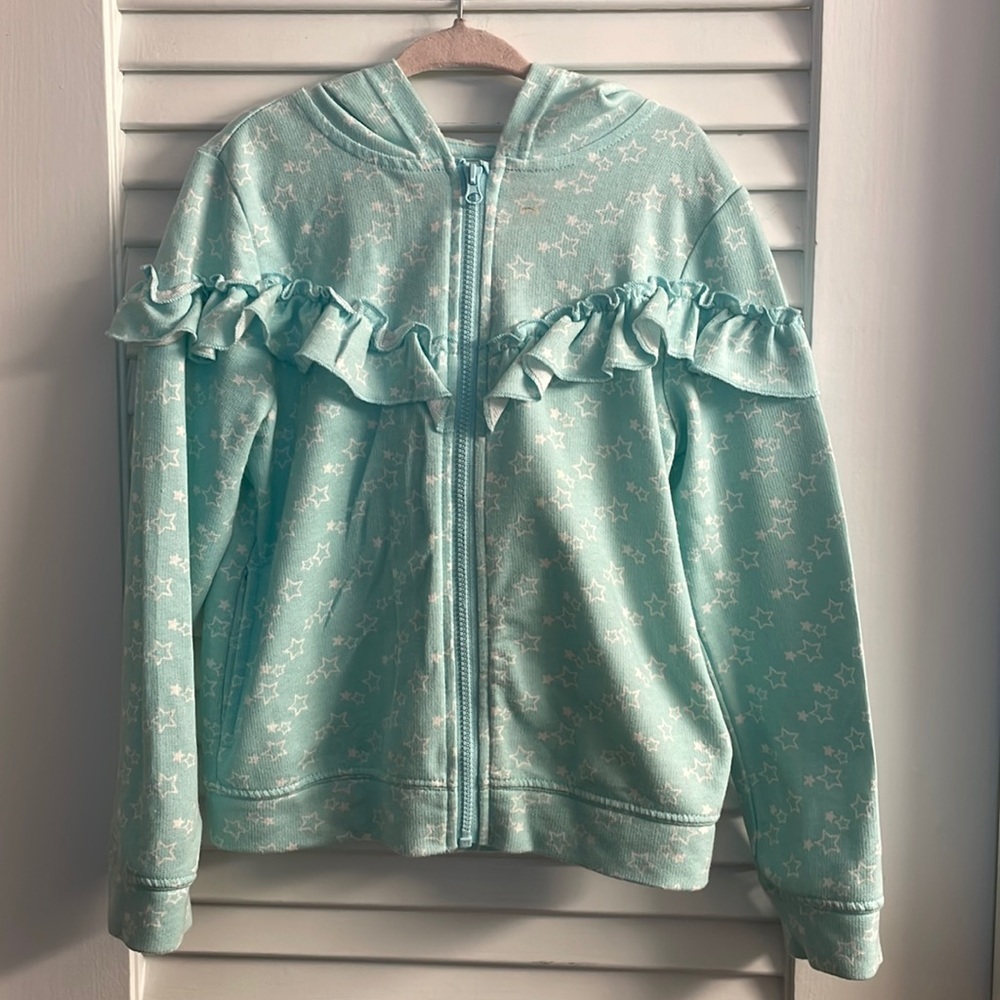 Ideology Green Zip Hoodie w/White Star Print.Lightweight w/Ruffle On Chest Size6